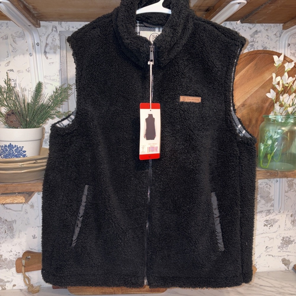 Brand New Sage Collective Black Sherpa Fleece Vest Womens M Zip